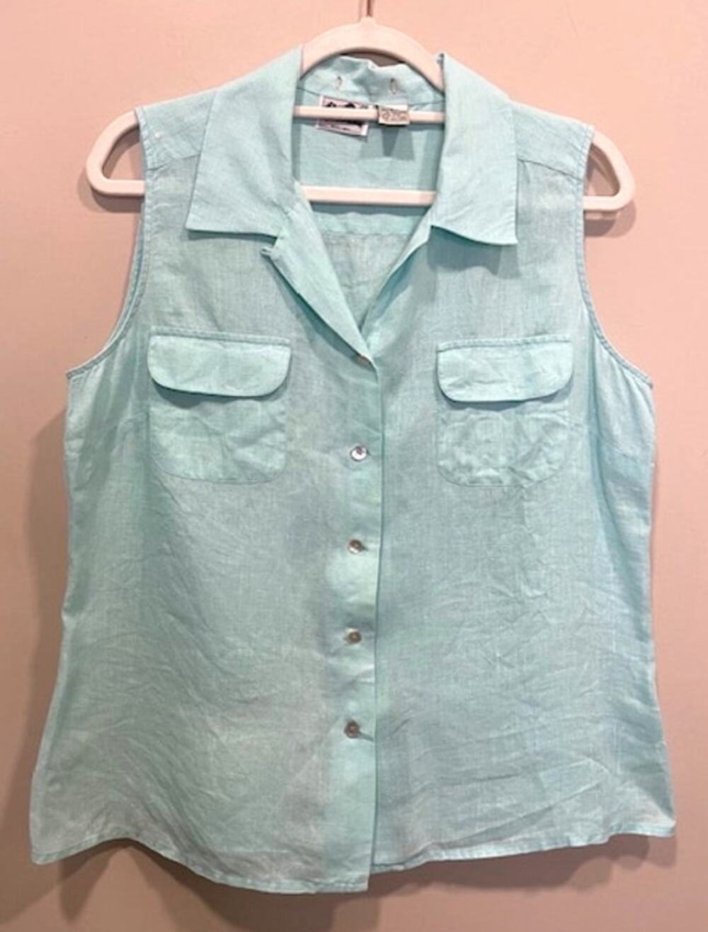 Irish Linen Pale Blue Sleeveless Collared Top Women's Size Large